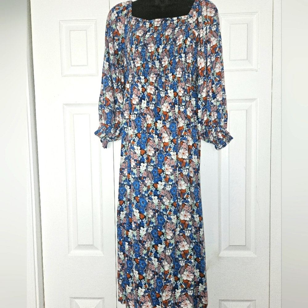 a.n.a Floral Blue and Orange Women's Dress